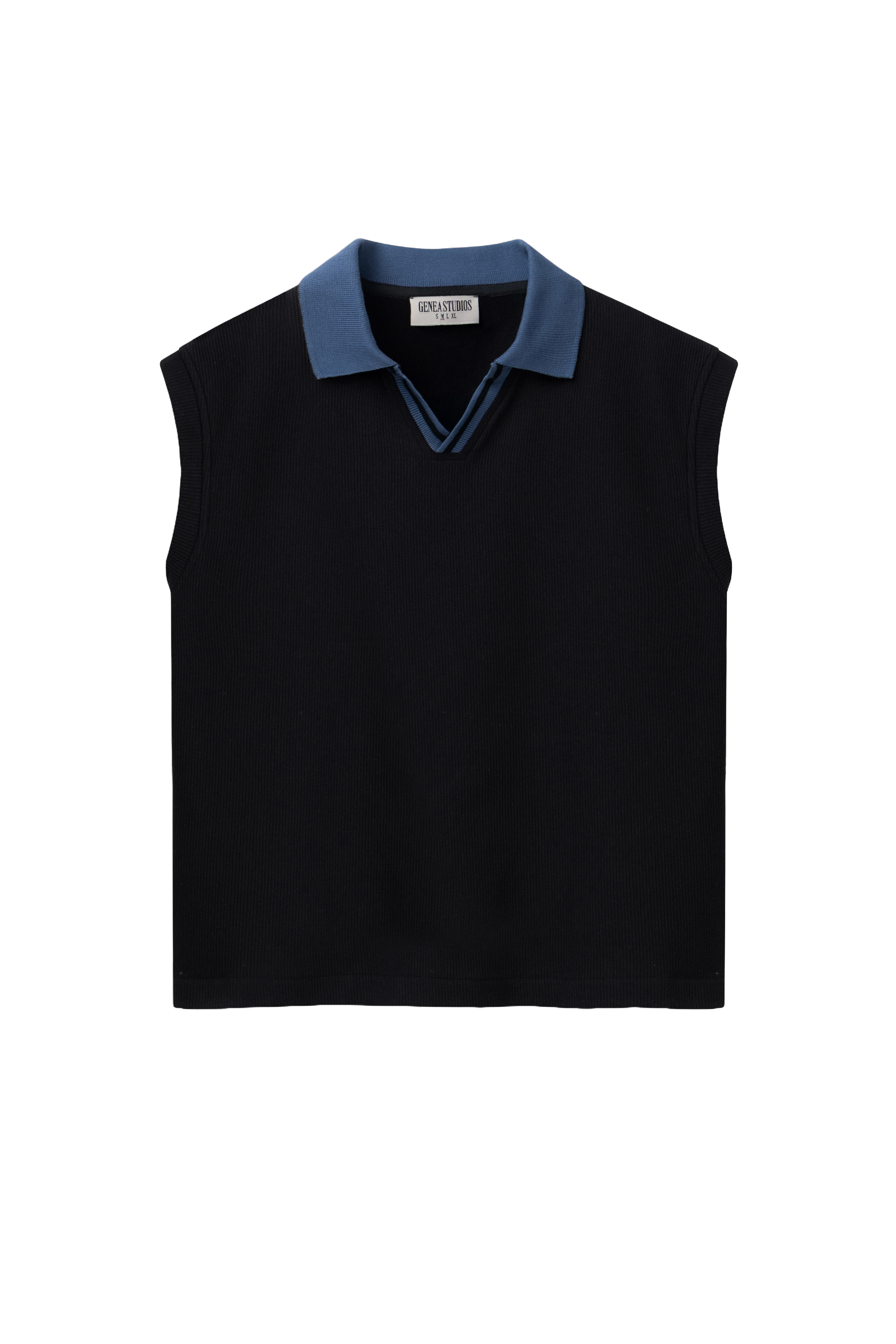 Black Boxy Sleeveless Ribbed Polo Top