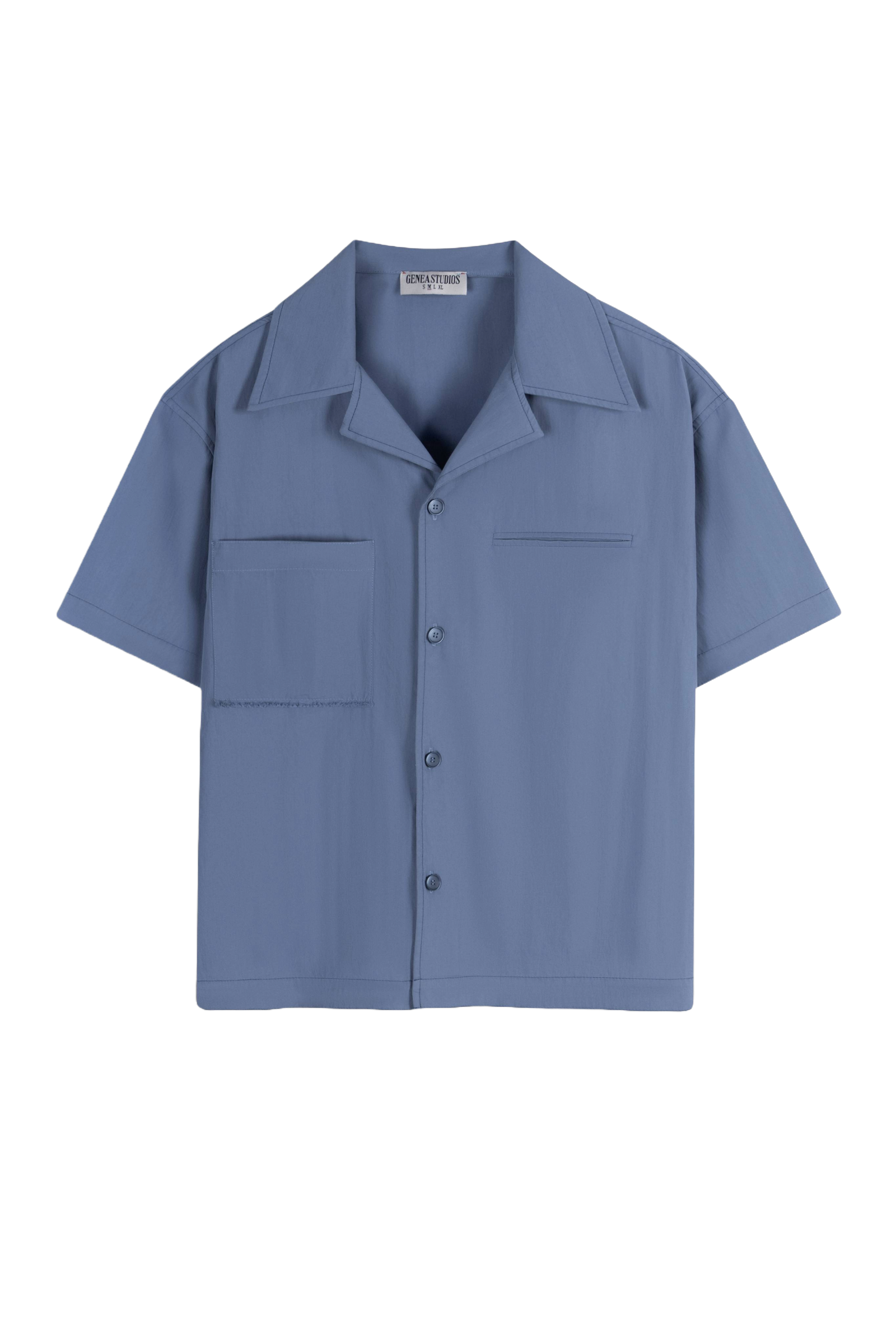 Slate Blue Short-Sleeve Contrast-Stitch Boxy Shirt