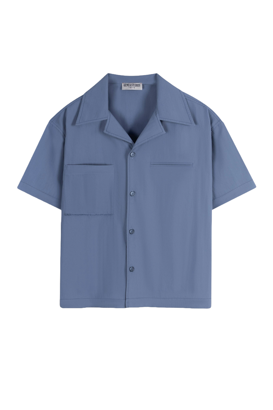 Slate Blue Short-Sleeve Contrast-Stitch Boxy Shirt