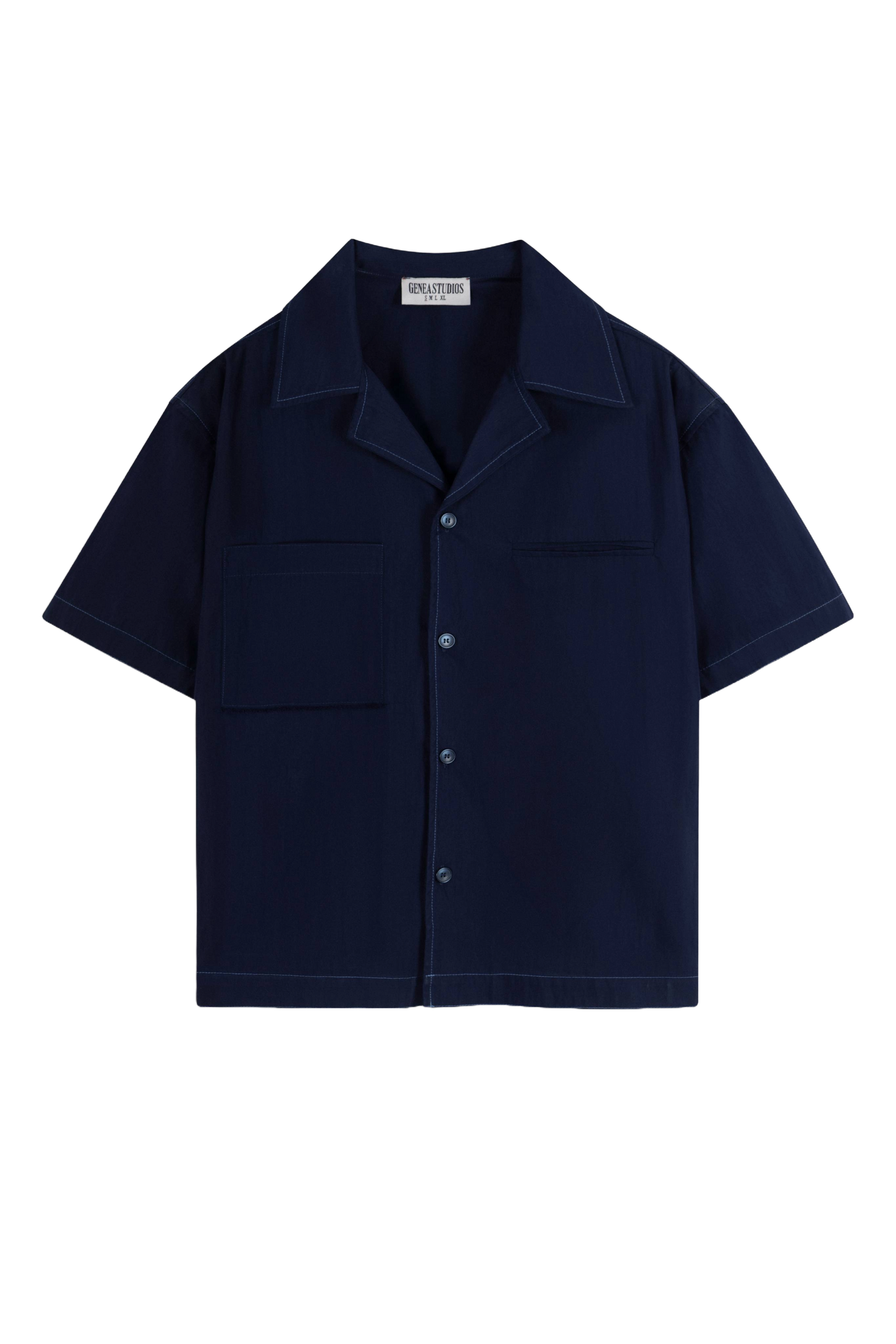Navy Blue Short-Sleeve Contrast-Stitch Boxy Shirt