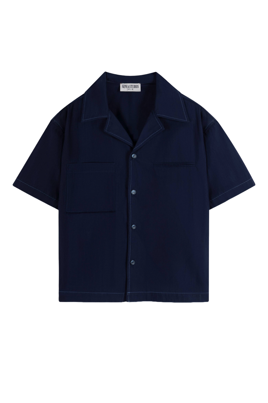 Navy Blue Short-Sleeve Contrast-Stitch Boxy Shirt
