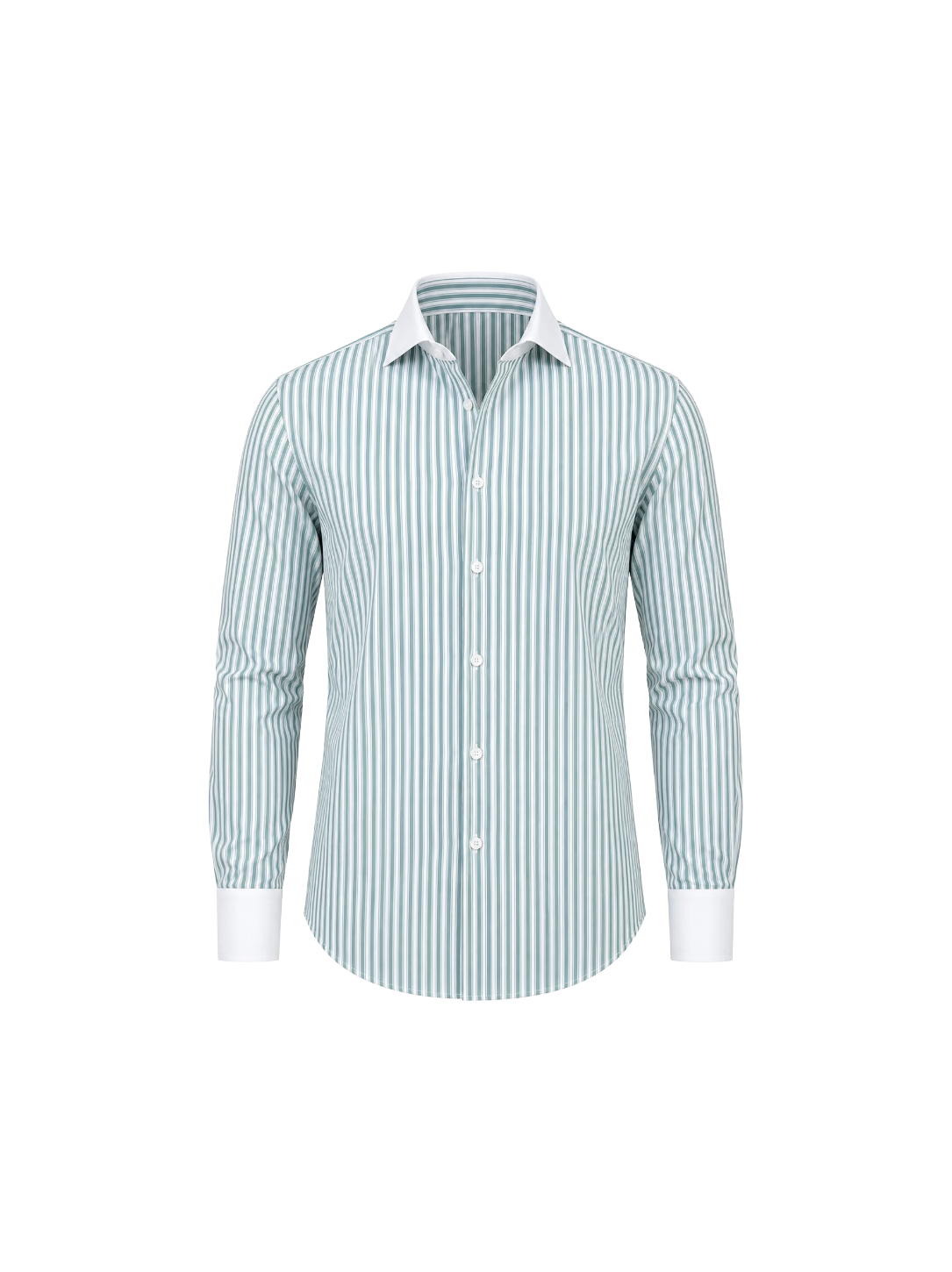 Green Striped Poplin White Collar and Cuff Shirt