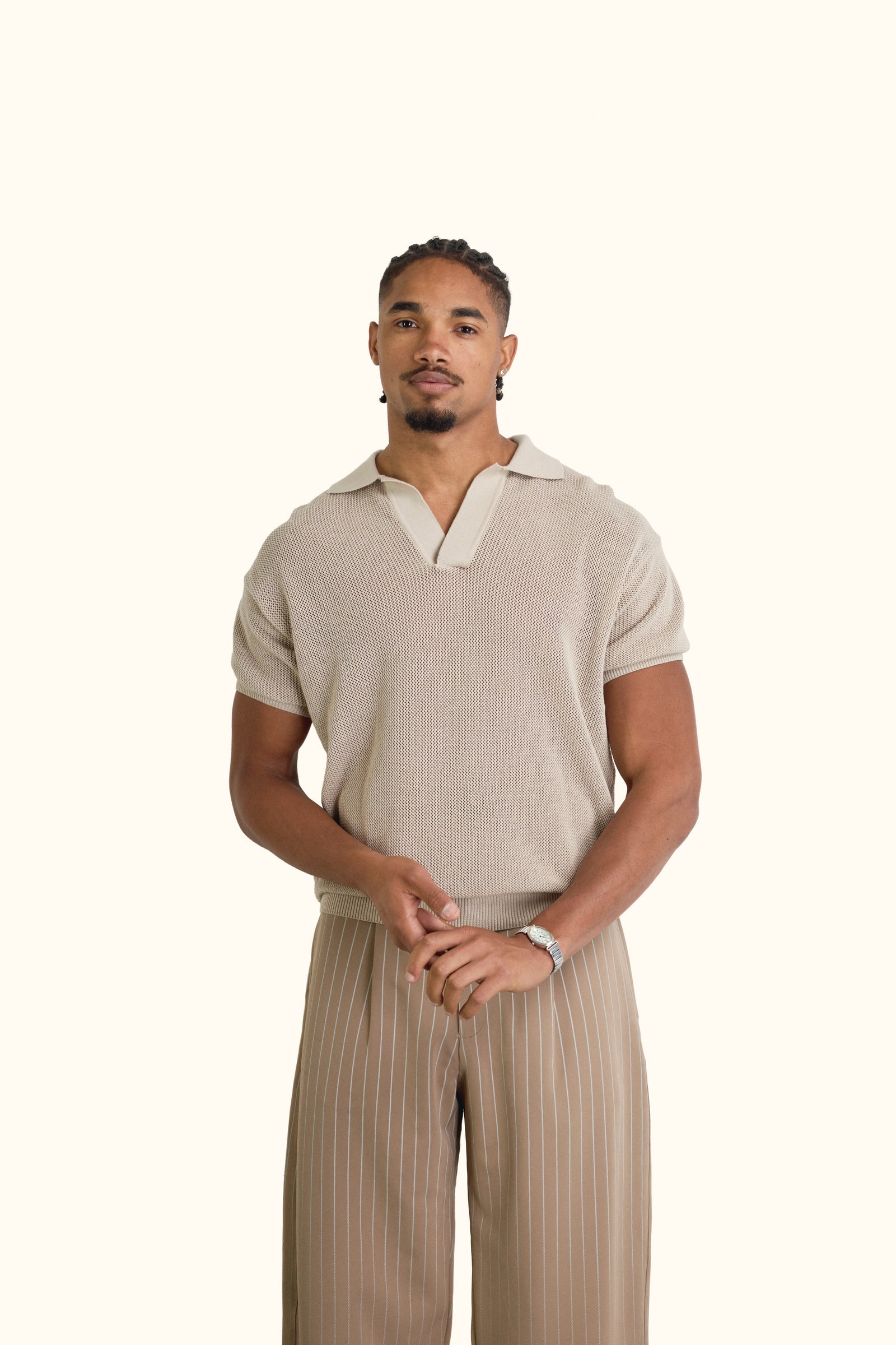 Beige Cotton Knitted Polo T-Shirt - Beige - image 5