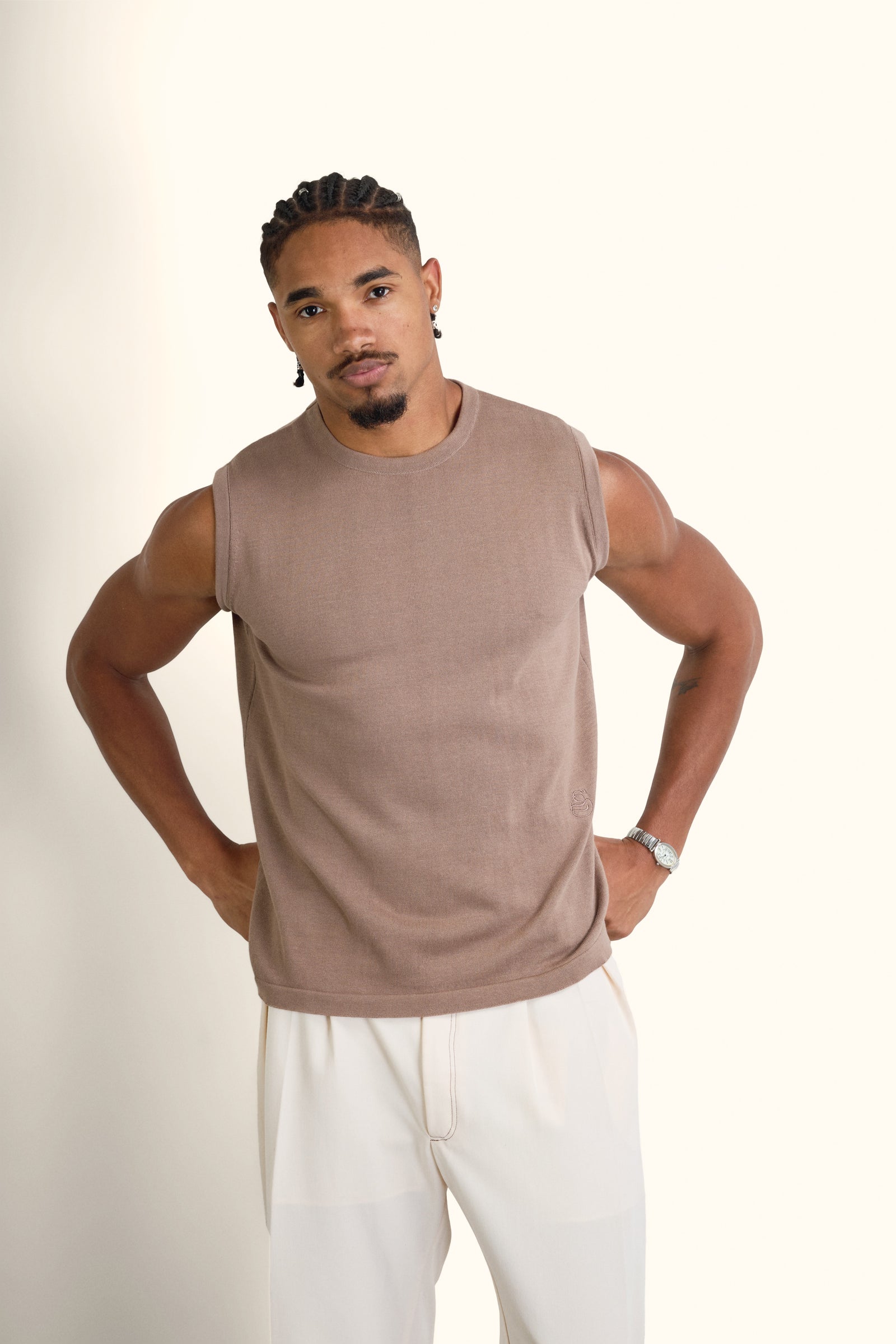 Beige Sleeveless Cotton Knit Top - Beige - image 5