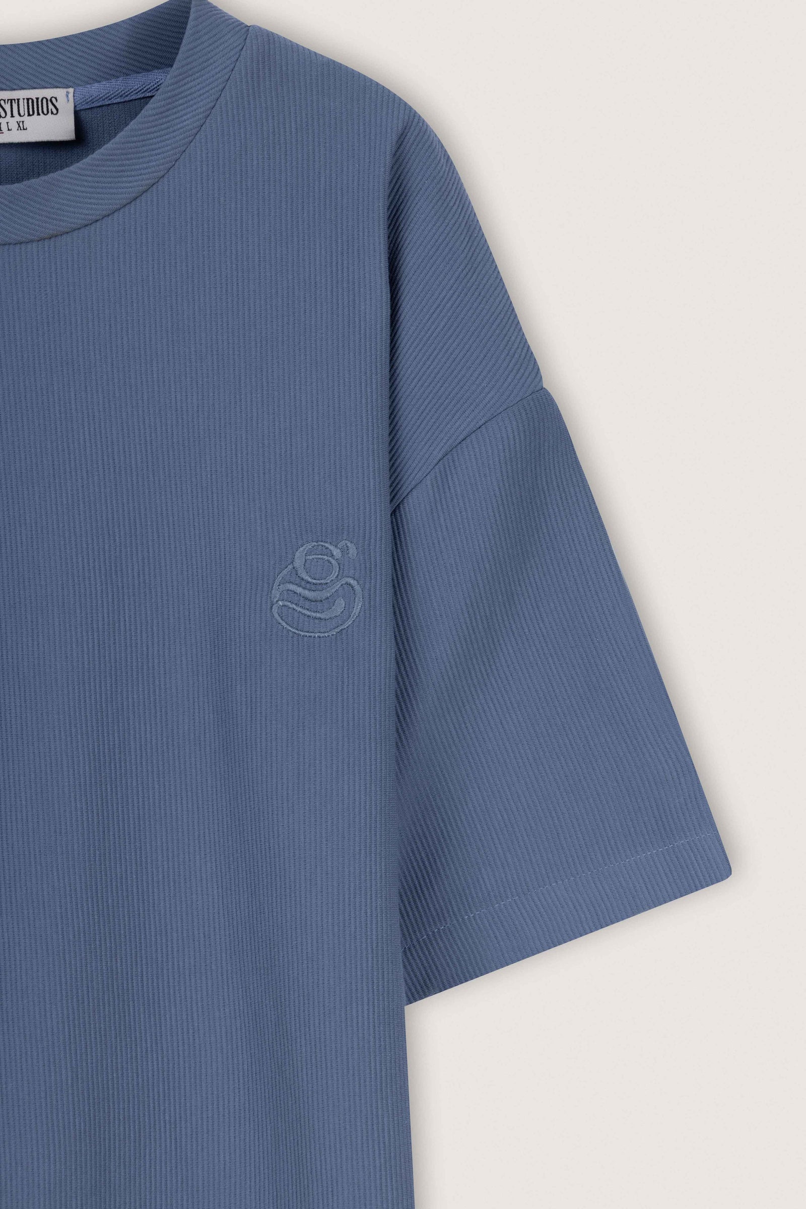 Blue Boxy Ribbed Basic T-Shirt - Blue - image 3