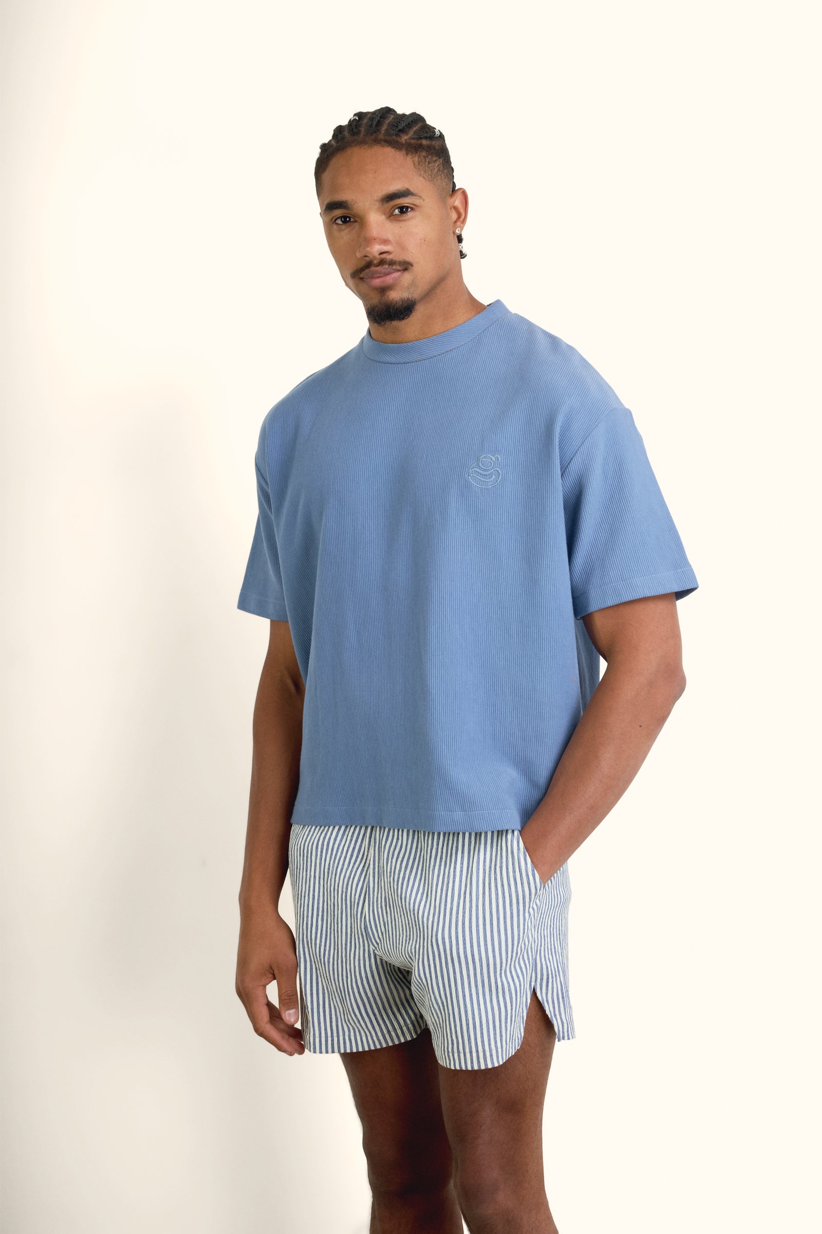 Blue Boxy Ribbed Basic T-Shirt - Blue - image 6