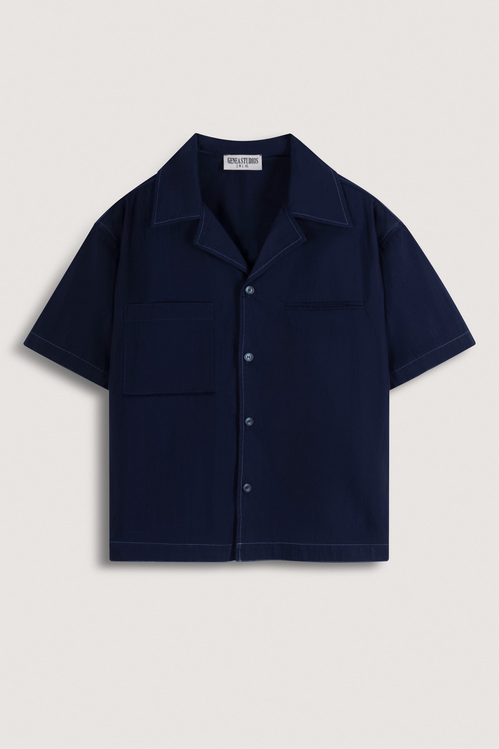 Navy Blue Short-Sleeve Contrast-Stitch Boxy Shirt - Navy Blue - image 1