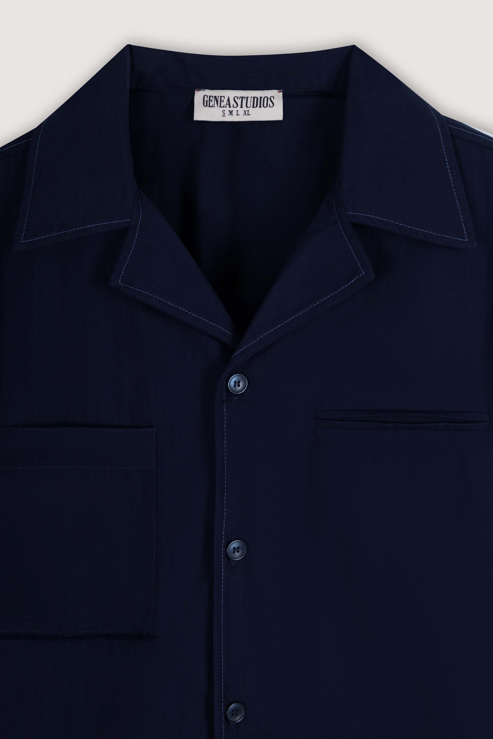Navy Blue Short-Sleeve Contrast-Stitch Boxy Shirt - Navy Blue - image 2