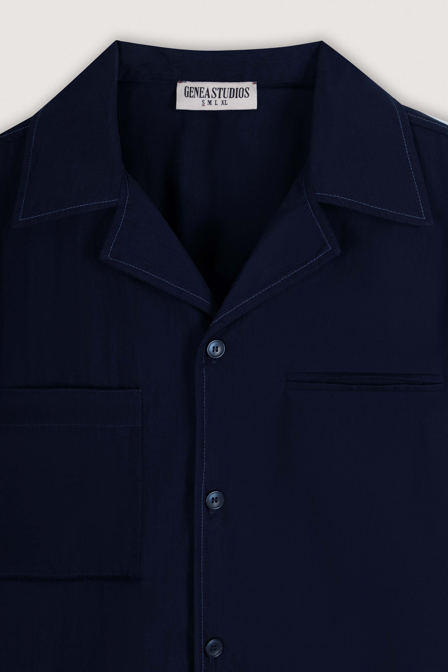 Navy Blue Short-Sleeve Contrast-Stitch Boxy Shirt - Navy Blue - image 2