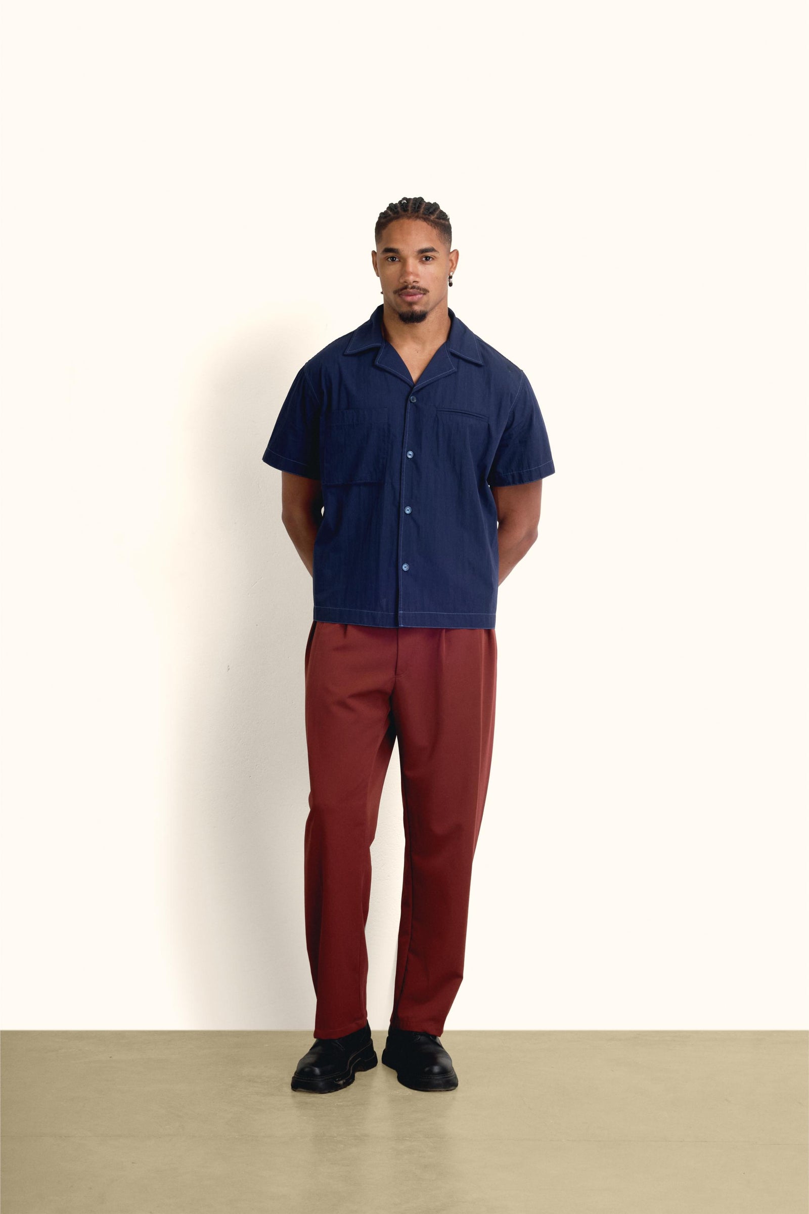 Navy Blue Short-Sleeve Contrast-Stitch Boxy Shirt - Navy Blue - image 5