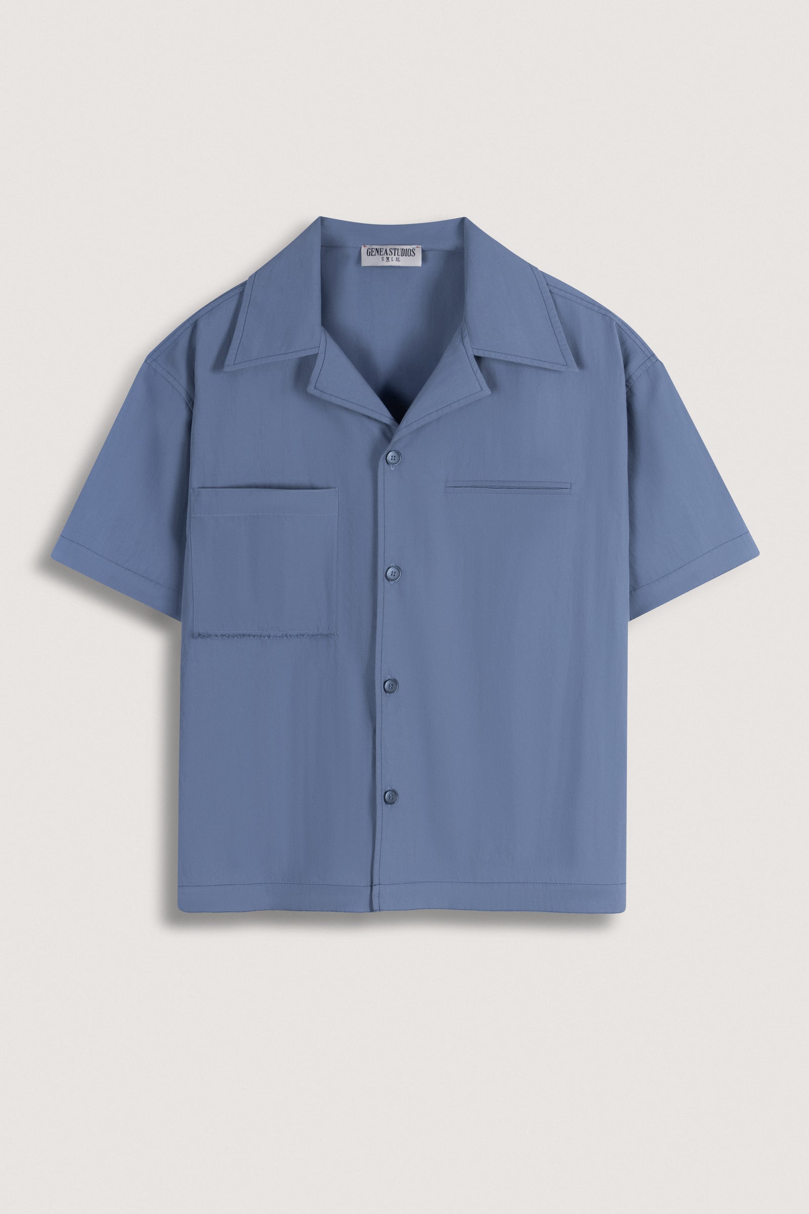 Slate Blue Short-Sleeve Contrast-Stitch Boxy Shirt - Navy Blue - image 1