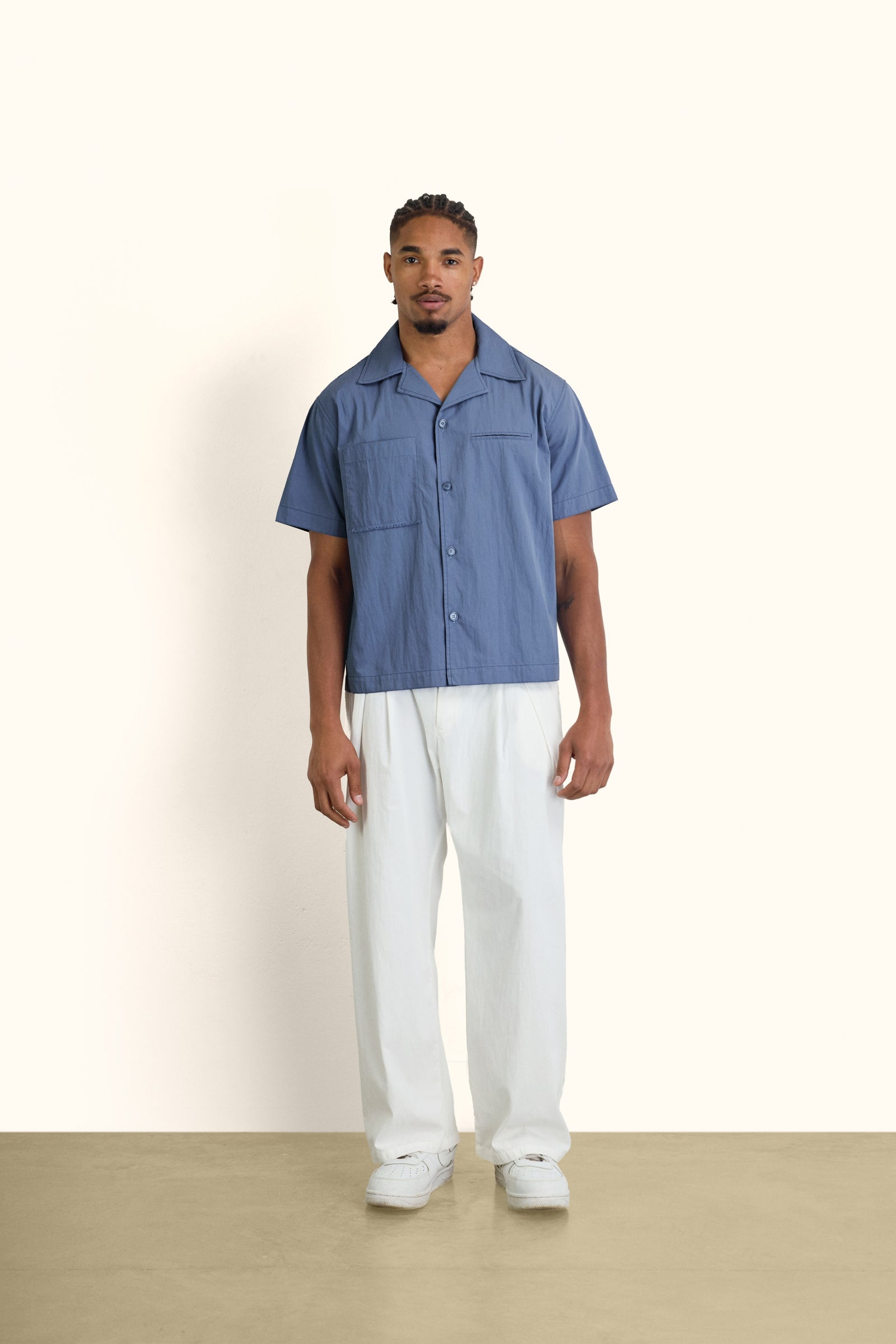 Slate Blue Short-Sleeve Contrast-Stitch Boxy Shirt - Navy Blue - image 5