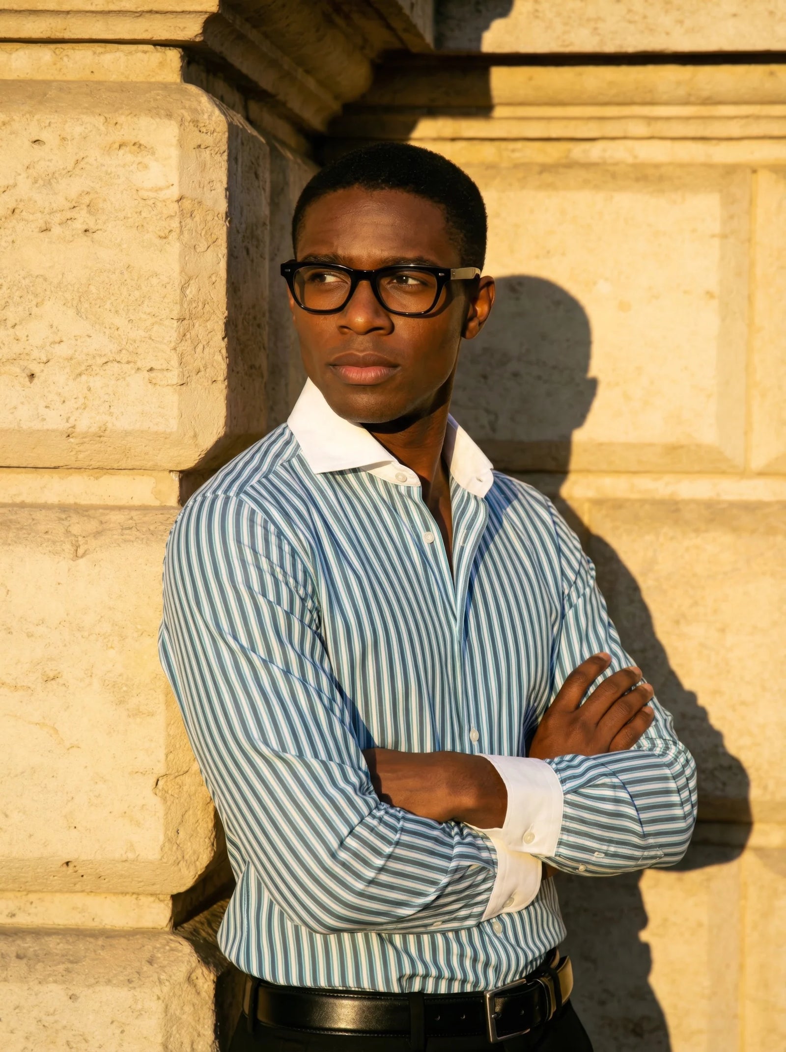 Green Striped Poplin White Collar and Cuff Shirt - Green - image 1