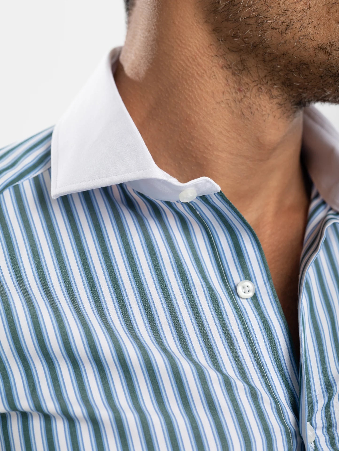 Green Striped Poplin White Collar and Cuff Shirt - Green - image 2