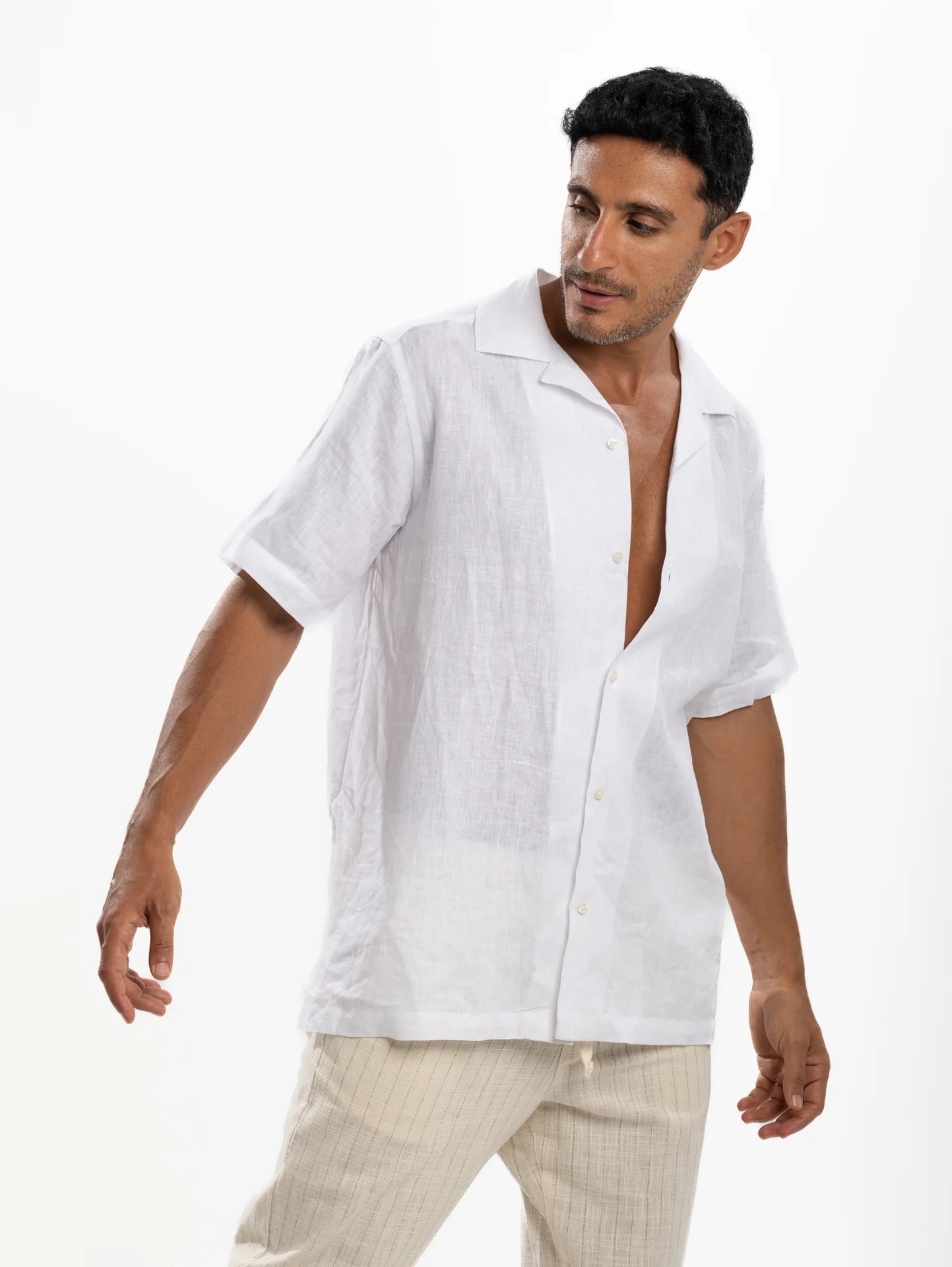 White Linen Half Sleeve Resort Collar Shirt - White - image 1